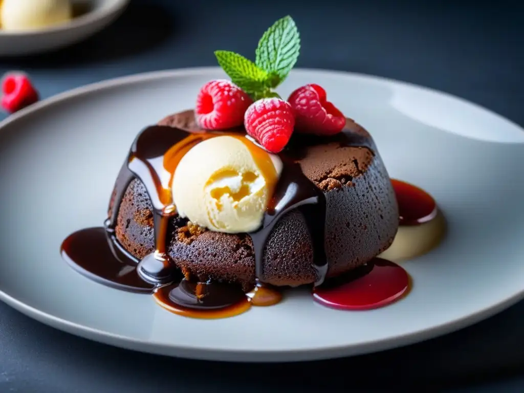 Delicioso postre vegano: lava cake con helado de vainilla, caramelo, frambuesas y menta