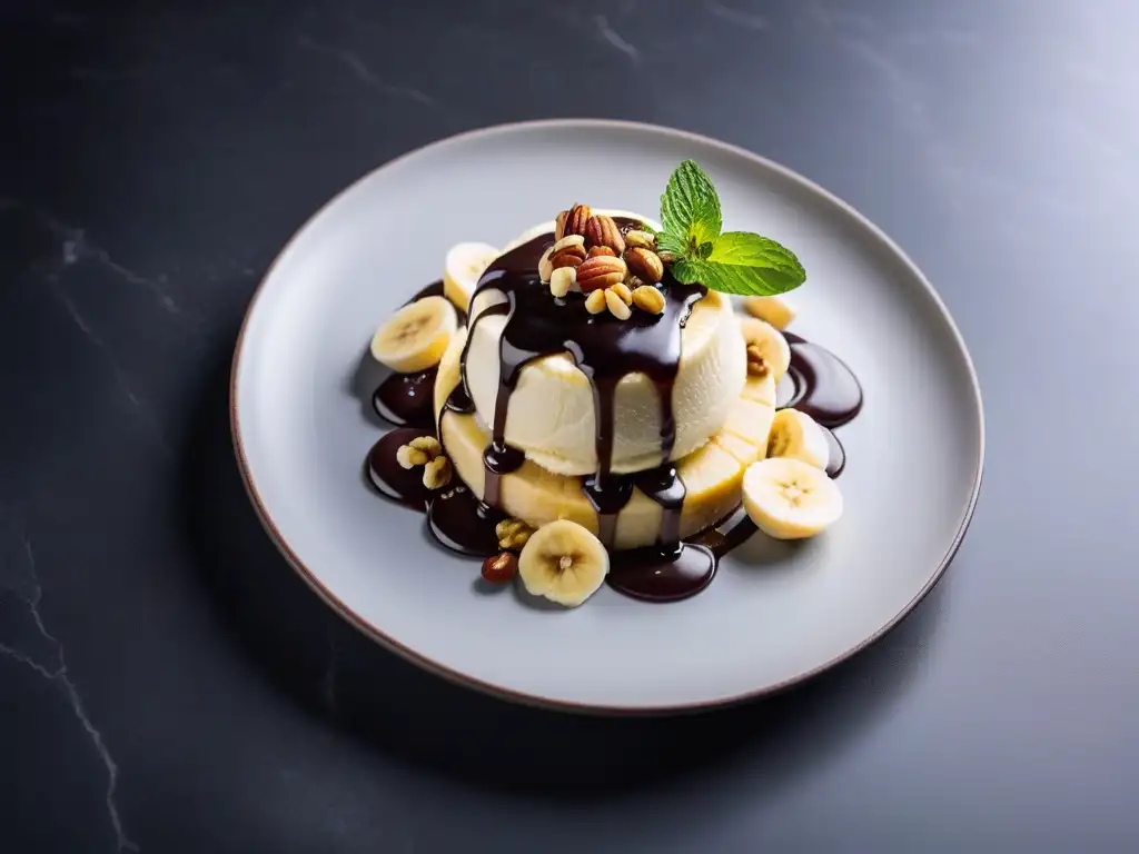 Delicioso postre vegano con plátano: helado sin lácteos, salsa de chocolate, nueces y menta, en elegante presentación