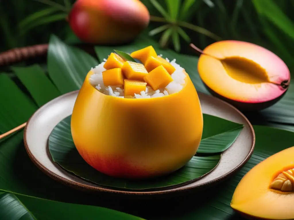 Delicioso postre vegano del Sudeste Asiático: mango sticky rice en concha de coco con mango fresco y coco rallado, presentado en plato moderno