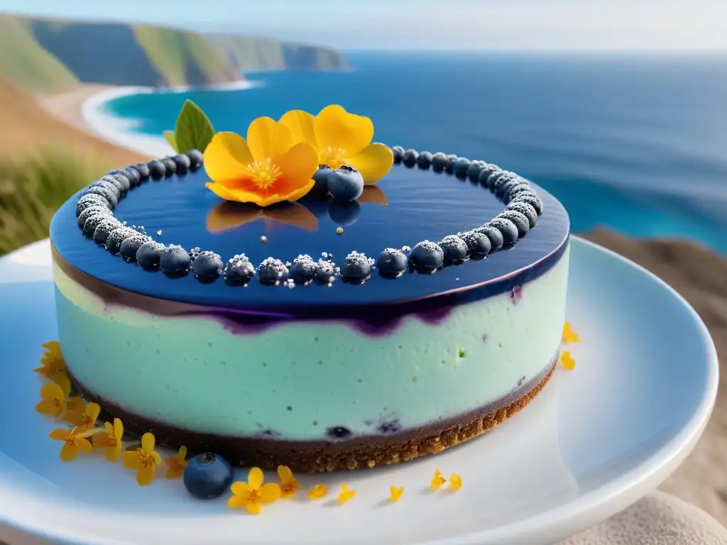 Un delicioso postre vegano con toque oceánico: tarta de arándanos y espirulina con flores comestibles y sal marina, sobre fondo marino sereno