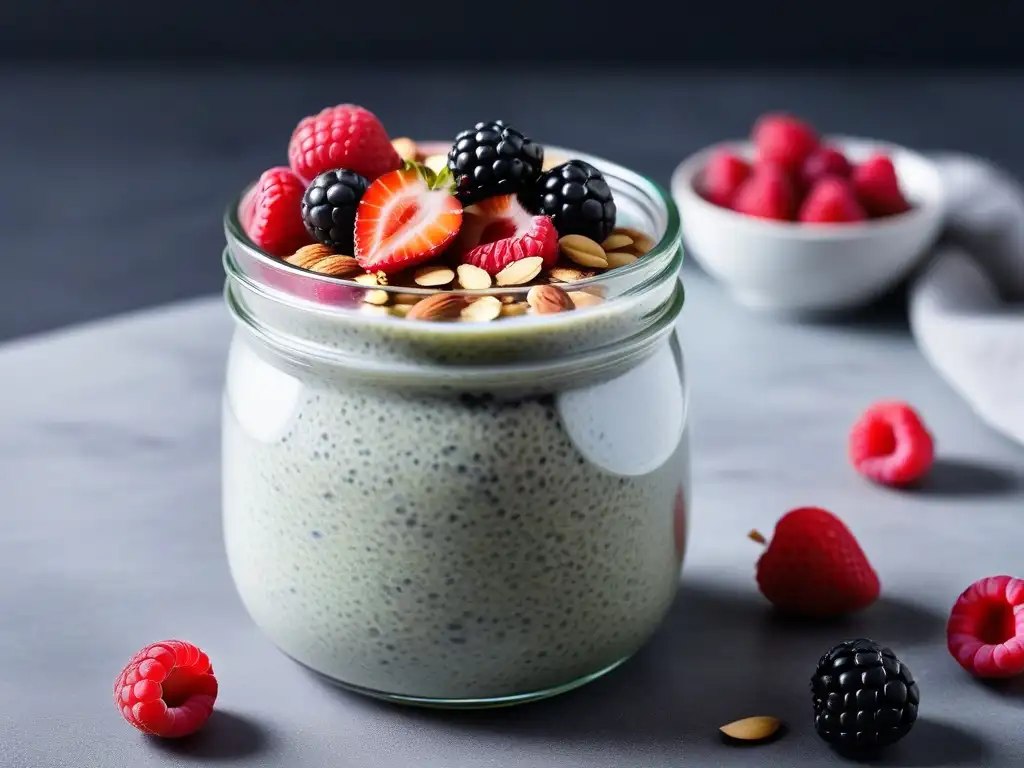 Un delicioso pudding vegano con chía, bayas frescas y almendras en frasco moderno