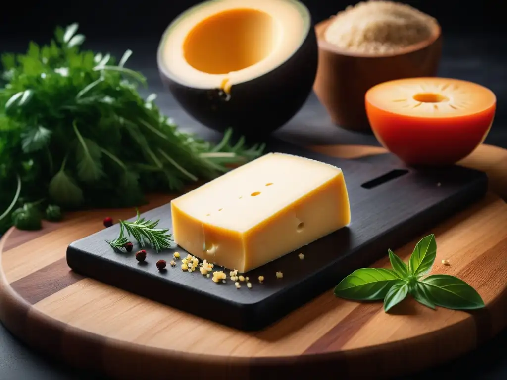 Delicioso queso cheddar vegano receta fácil en corte, textura cremosa y color dorado, sobre tabla de madera moderna