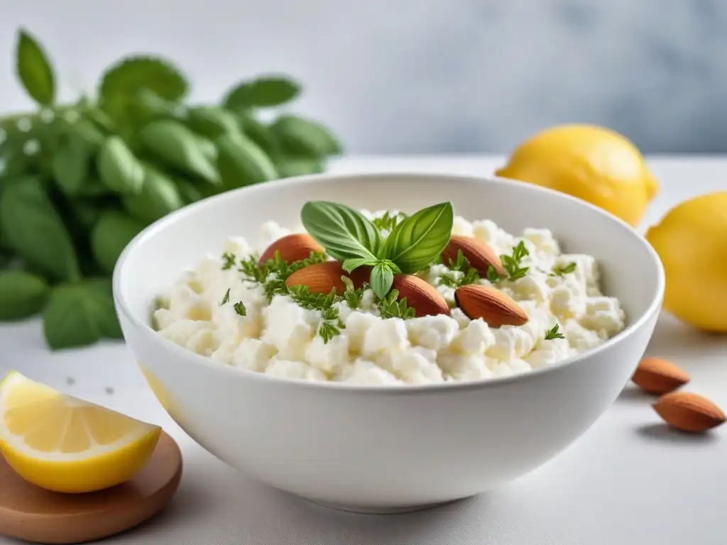 Delicioso queso cottage vegano con ingredientes frescos en un moderno ambiente de cocina
