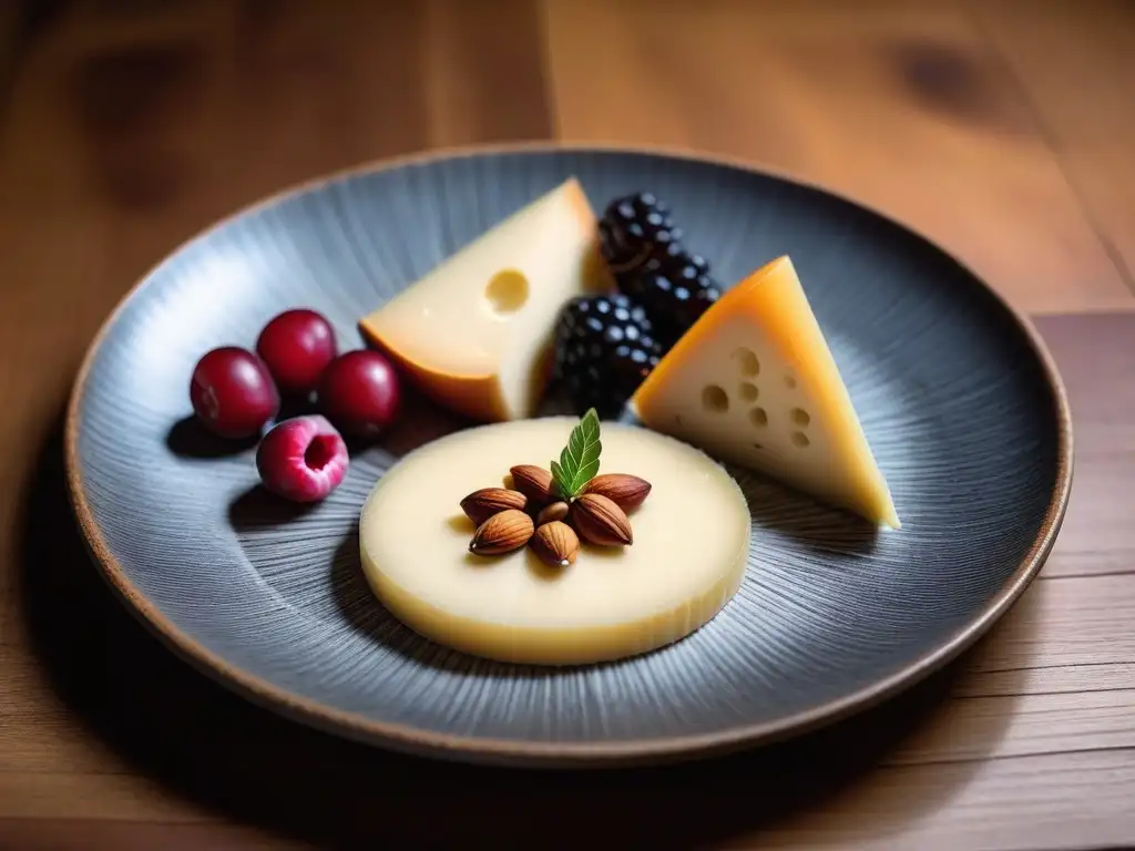 Delicioso queso manchego vegano receta en plato con frutas y nueces, sobre fondo de madera rústica