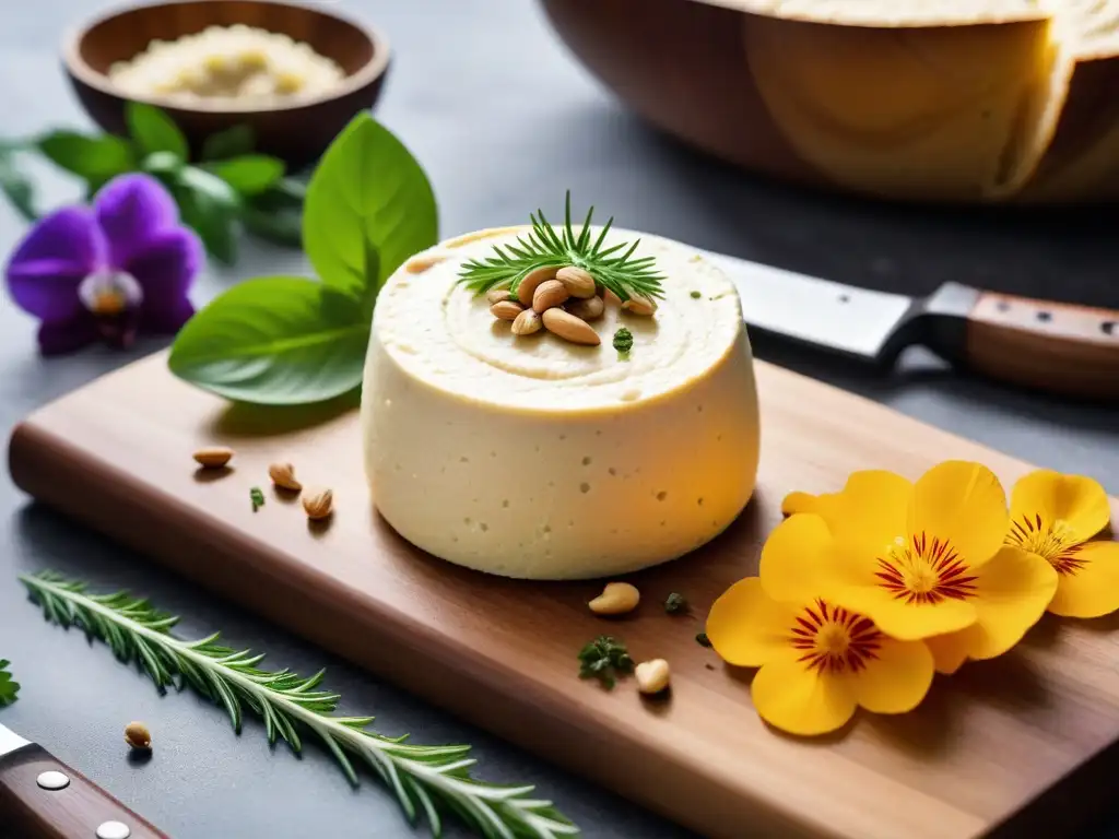 Delicioso queso vegano de anacardo con hierbas frescas y flores comestibles, sobre tabla de madera rústica