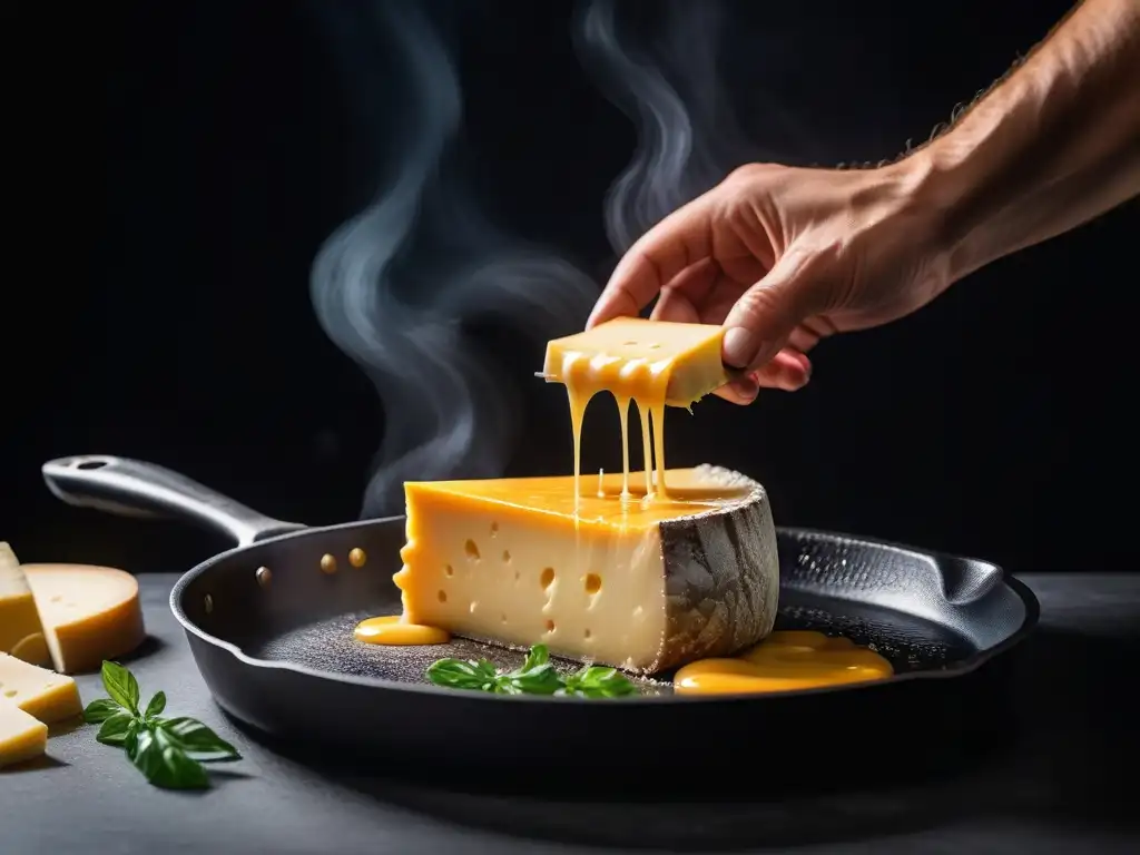 Delicioso queso vegano derritiéndose y estirándose en sartén caliente