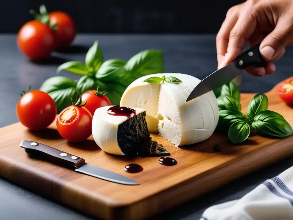 Delicioso queso mozzarella vegano casero, cortado en finas lonchas sobre tabla de madera con tomates y albahaca fresca