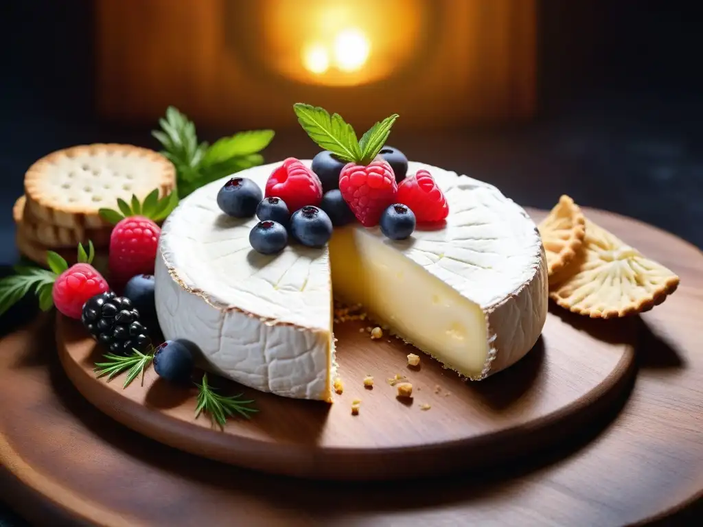 Delicioso queso Camembert vegano casero rodeado de hierbas frescas y frutos rojos en una tabla de madera rústica