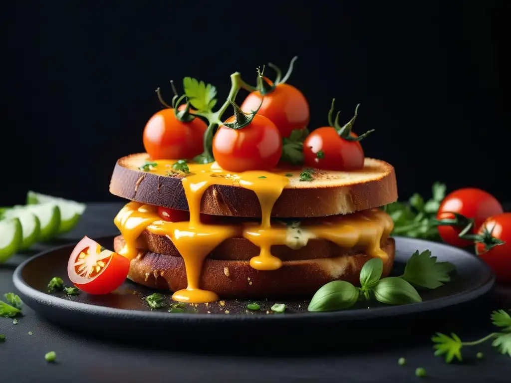 Delicioso queso vegano derretido sobre tomates y cilantro con ahumado paprika