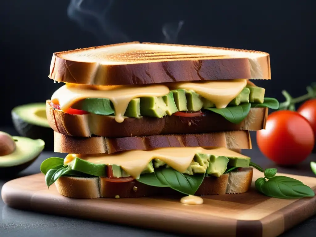 Delicioso queso vegano derretido en un sándwich tostado con aguacate y tomate