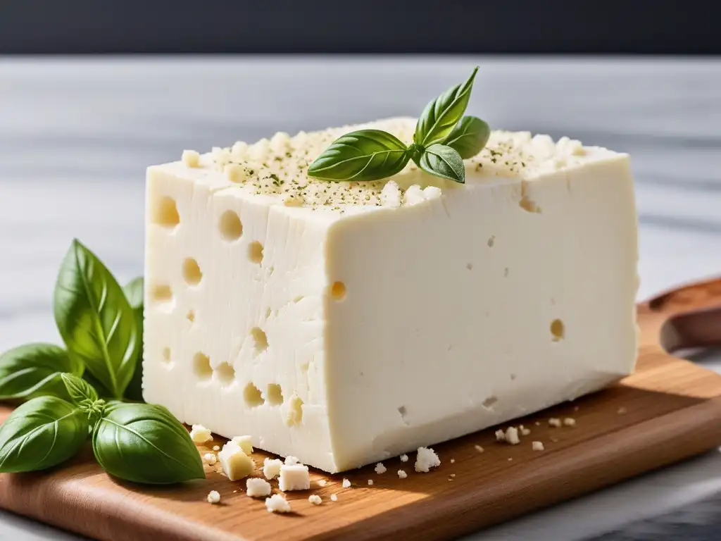 Delicioso queso feta vegano desmenuzado sobre tabla de mármol