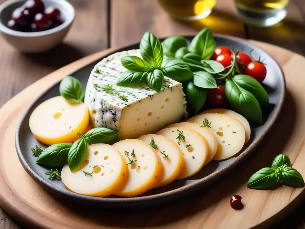 Delicioso queso vegano estilo griego con hierbas frescas, aceite de oliva y tomates cherry en tabla rústica
