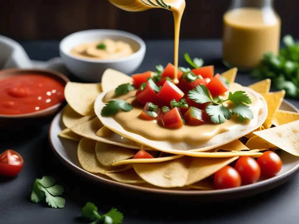 Delicioso queso vegano fundido sobre nachos dorados con salsa roja, cilantro fresco y tomates