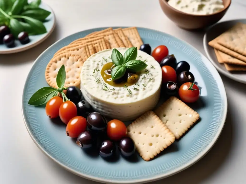 Delicioso queso vegano griego con hierbas frescas, aceitunas y tomates cherry