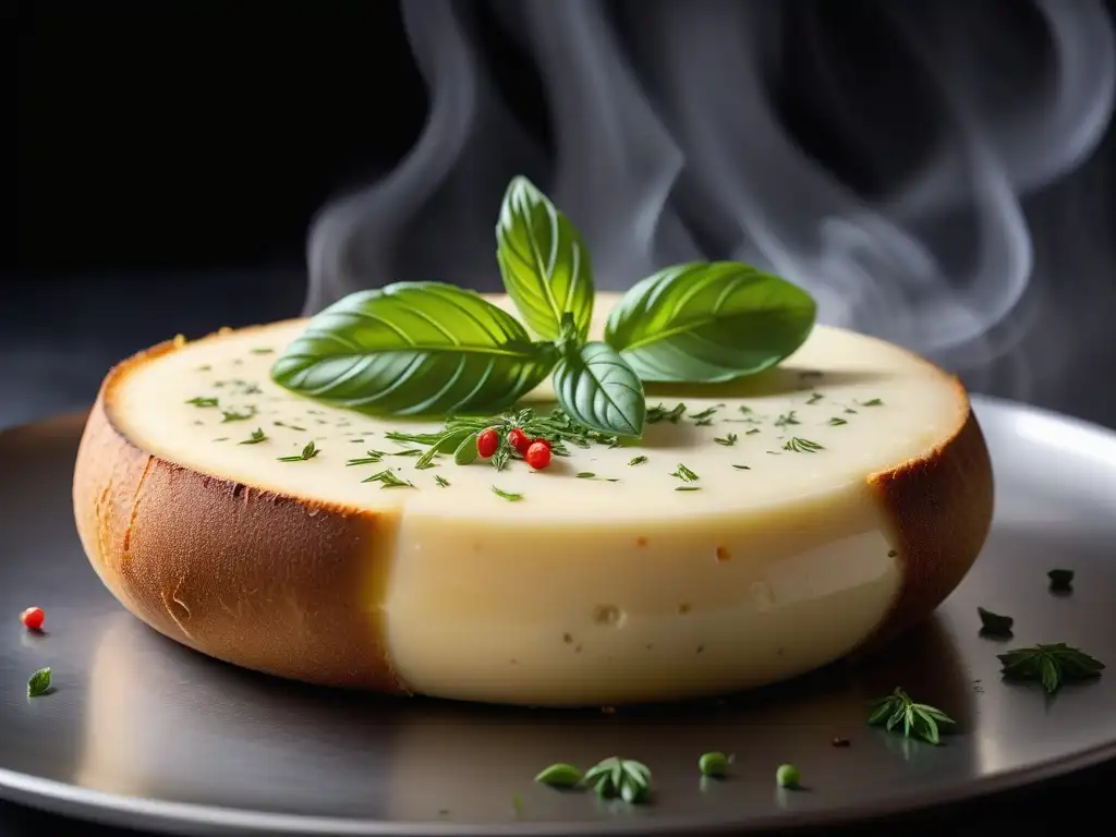 Delicioso queso provolone vegano recién horneado con cremosa textura y aroma a hierbas