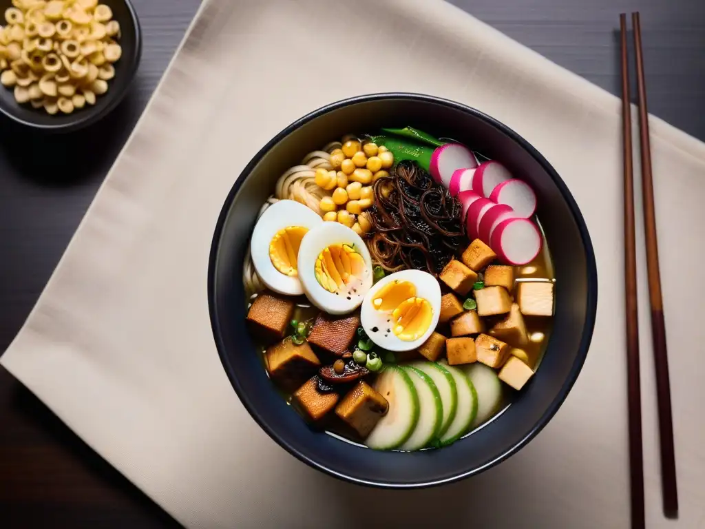 Un delicioso ramen vegano gourmet con tofu, shiitake, huevo y más en un bol artísticamente presentado