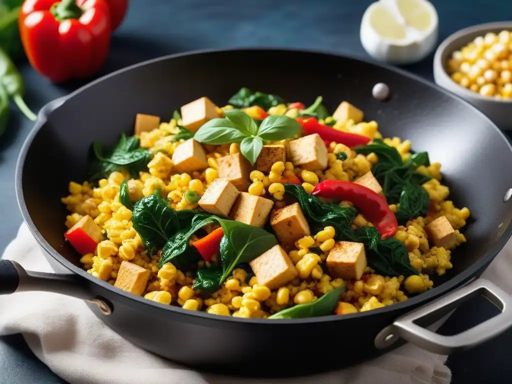 Un delicioso revuelto de tofu cocinado a la perfección en sartén negra, resaltando los beneficios del tofu en veganismo