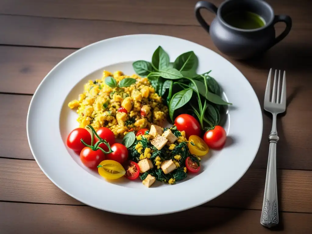 Un delicioso revuelto vegano de tofu con pimientos, espinacas, tomates cherry y aguacate, resaltando los Beneficios del tofu en veganismo