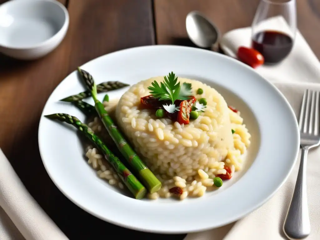 Delicioso risotto vegano en mesa rústica: sabores italianos y sofisticación