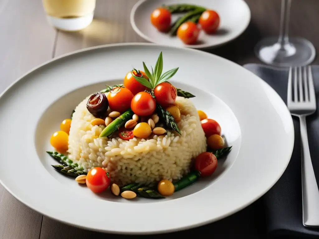 Un delicioso risotto vegano con sabores italianos, lleno de color y sabor, presentado con elegancia