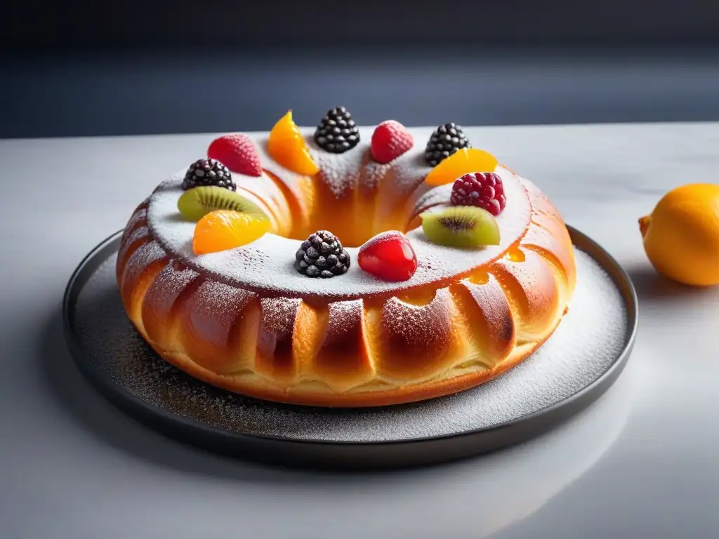 Delicioso Roscón de Reyes vegano decorado con frutas confitadas y almendras, ideal para recetas roscón reyes vegano deliciosas