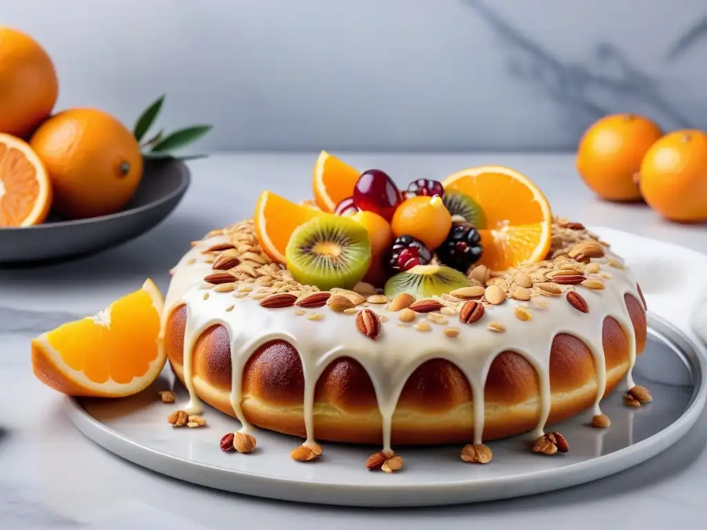 Delicioso Roscón de Reyes vegano con frutas confitadas sobre mármol, perfecto para una receta vegana de Roscón de Reyes