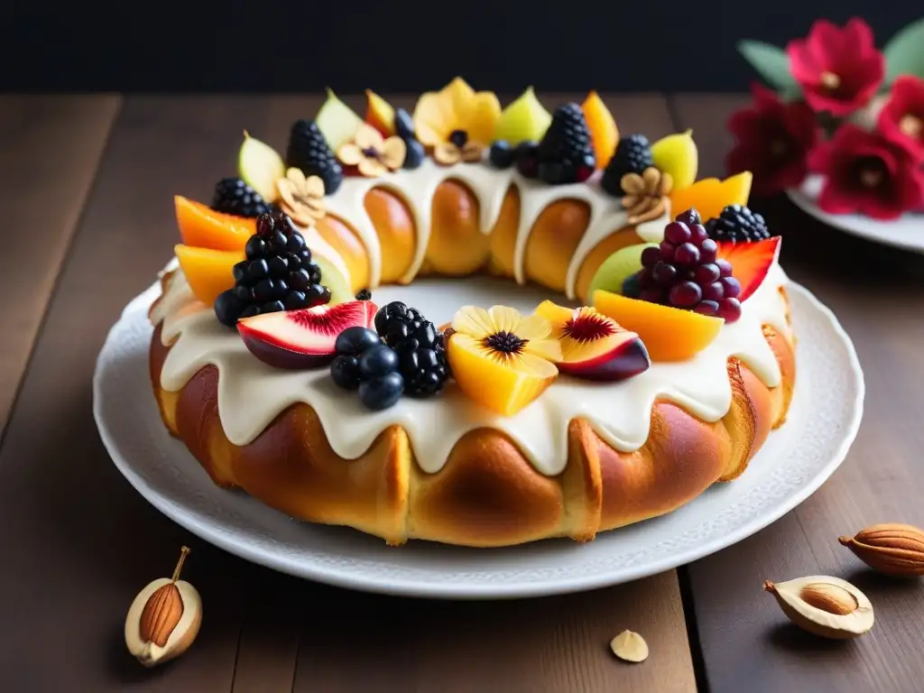 Delicioso Roscón de Reyes vegano decorado con frutas y flores comestibles en plato blanco moderno, sobre mesa de madera