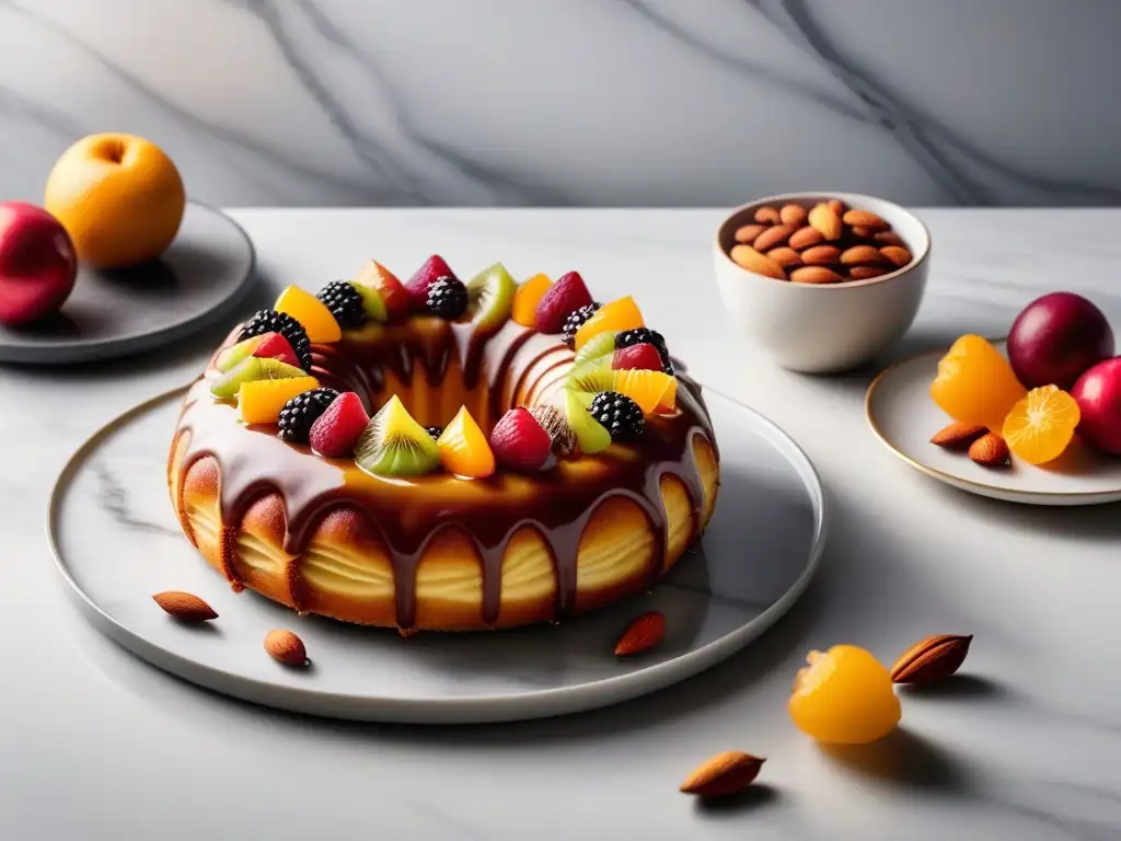 Un delicioso Roscón de Reyes vegano, decorado con frutas confitadas y almendras, sobre una encimera de mármol moderna