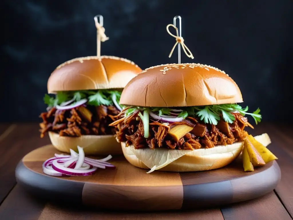 Delicioso sándwich vegano de jackfruit BBQ con coleslaw fresco, servido en tabla de madera