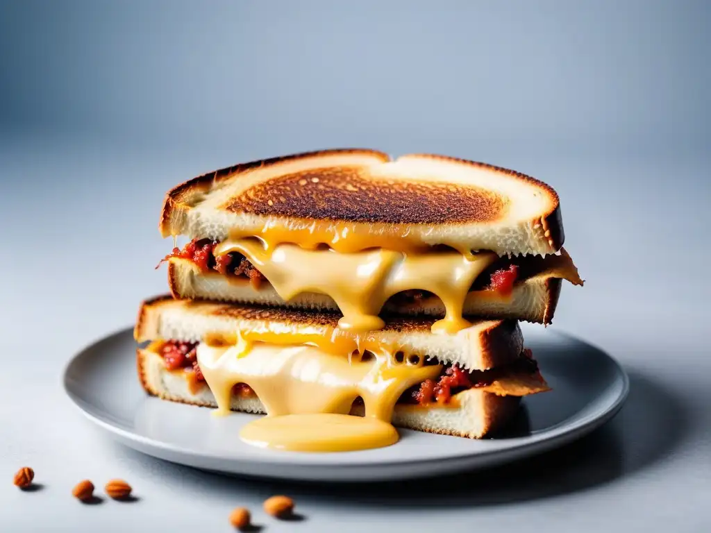 Delicioso sándwich vegano con queso derretido casero que se estira al separarlo