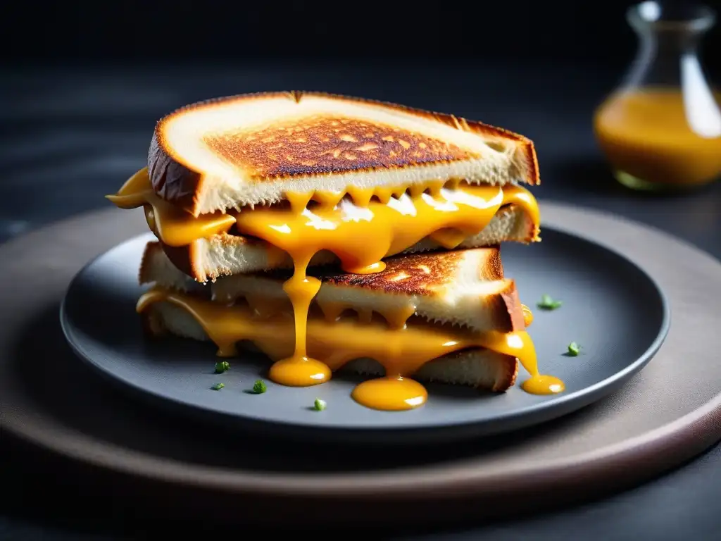 Delicioso sándwich vegano de queso derretido con una textura irresistible y un crujiente dorado, en un entorno moderno