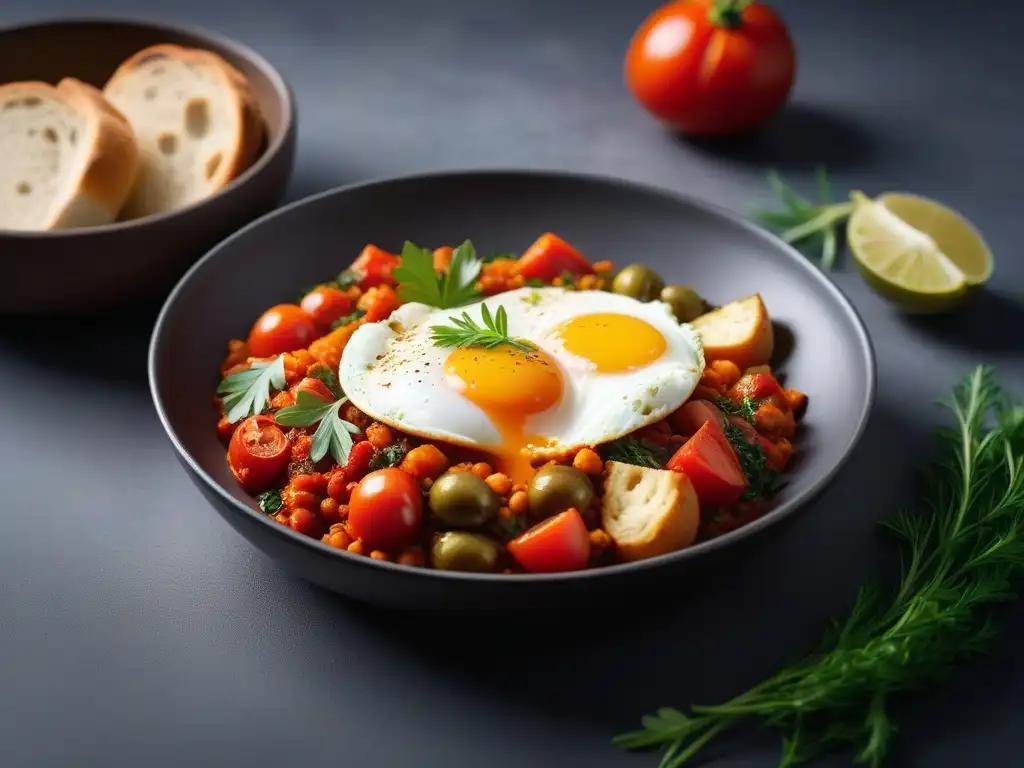 Un delicioso Shakshuka Vegana, plato tradicional de Medio Oriente, colorido y vibrante