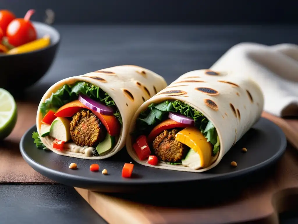 Delicioso shawarma vegano con vegetales grillados, falafel crujiente y salsa de tahini