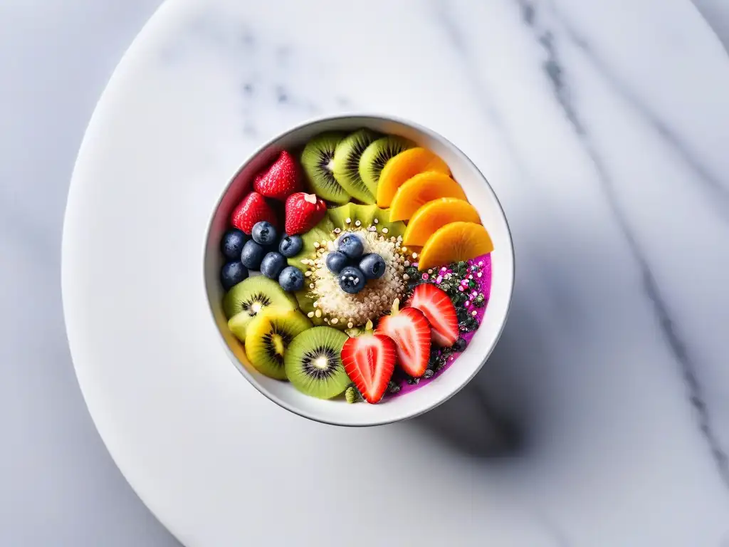 Delicioso smoothie bowl vegano con frutas coloridas y toppings sobre mármol blanco