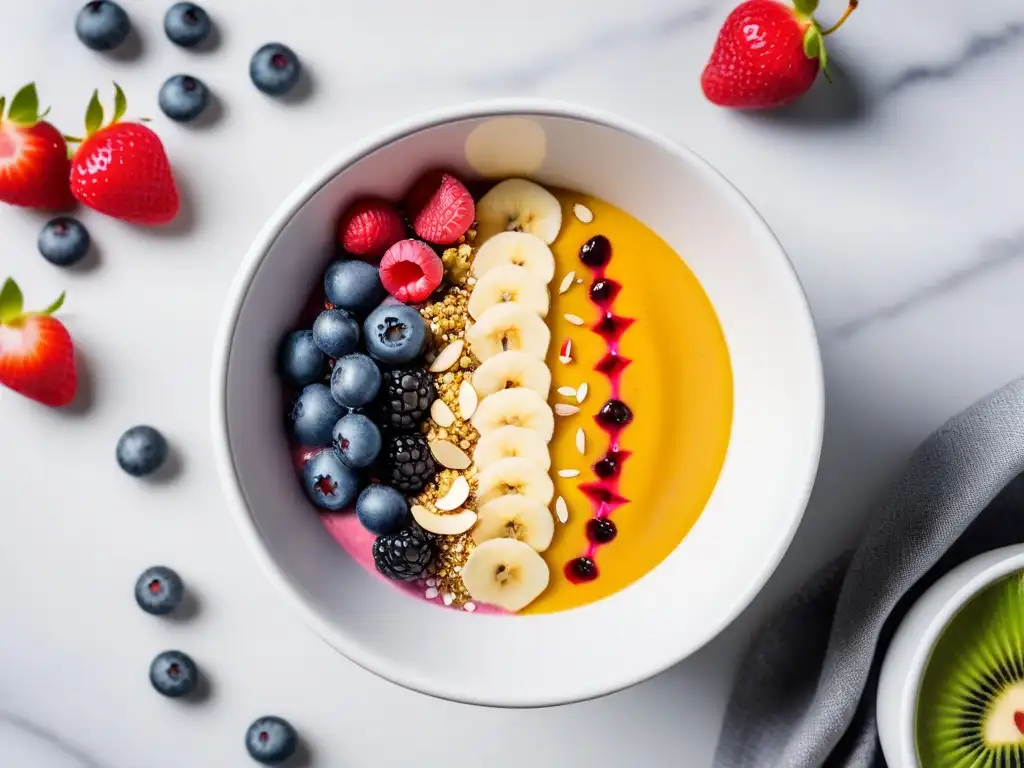 Delicioso smoothie bowl vegano con frutas frescas y semillas, ideal para deportistas