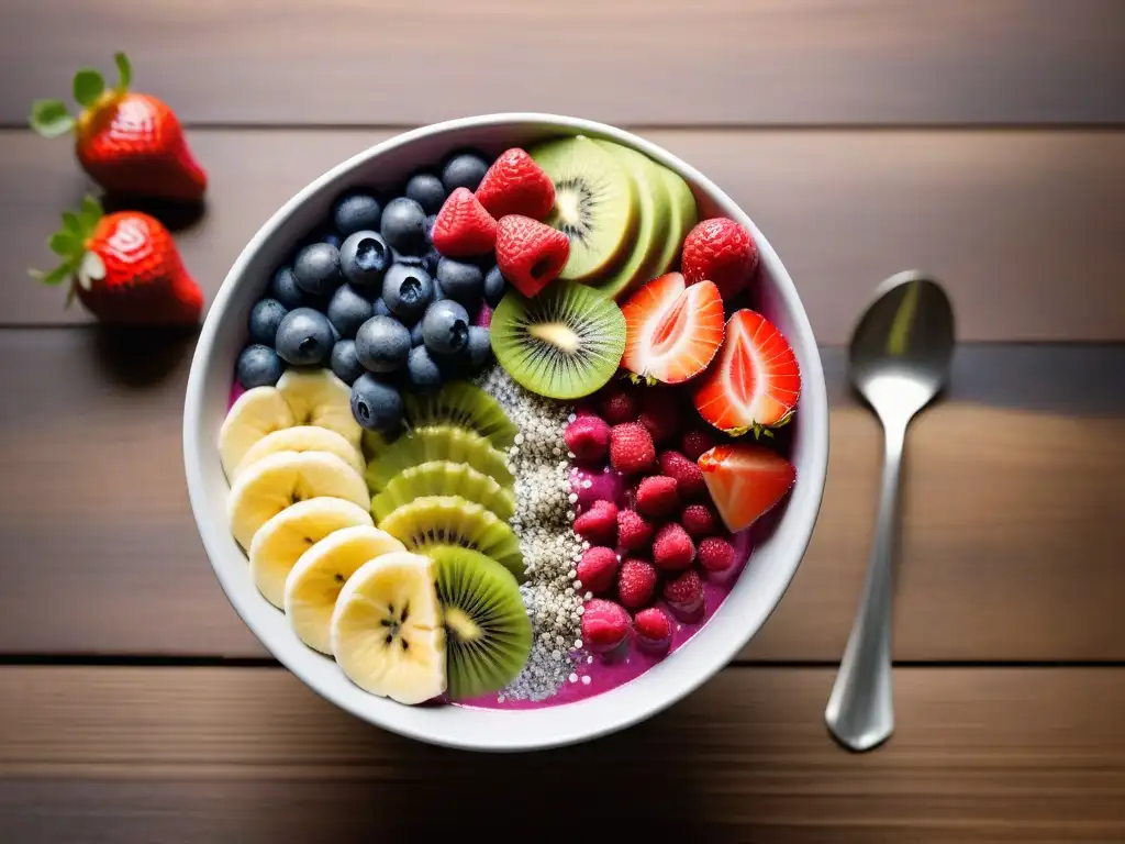 Un delicioso smoothie bowl vegano lleno de colores vibrantes y saludables sobre una mesa de madera moderna