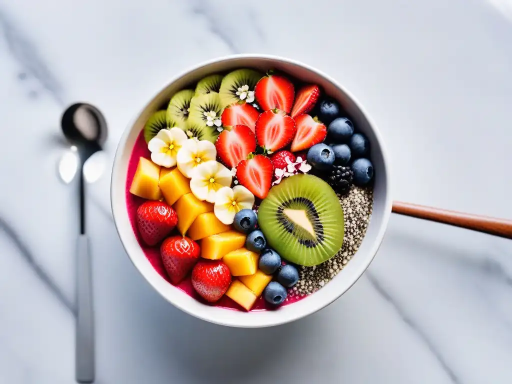 Delicioso smoothie bowl vegano con frutas coloridas en un elegante mostrador de mármol