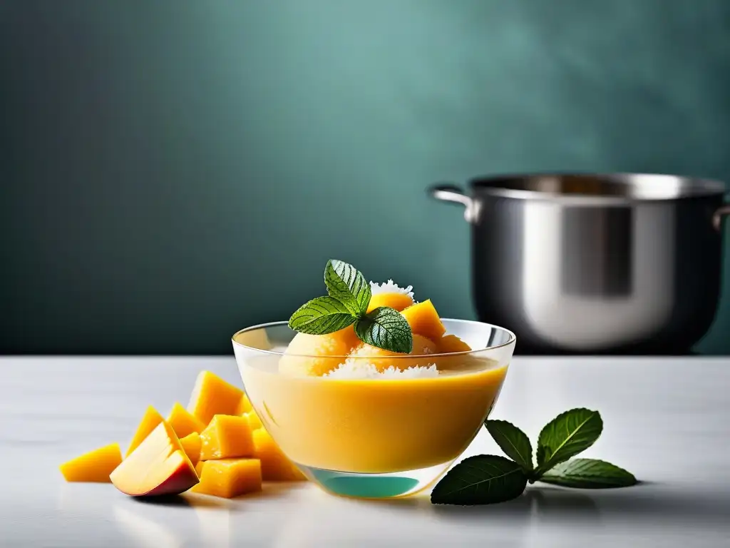 Delicioso sorbete vegano cremoso de mango con menta y coco en un elegante cuenco de postre, en un ambiente moderno y refrescante