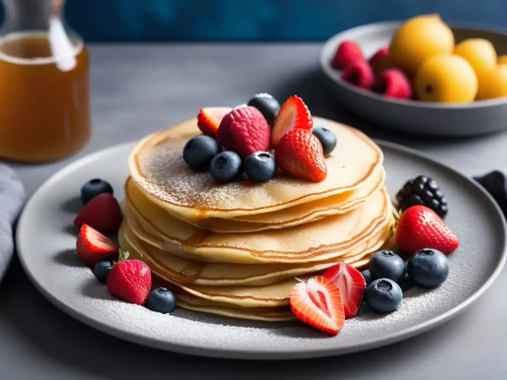 Delicioso stack de crepes veganos con bayas frescas y sirope de arce, presentados de forma elegante