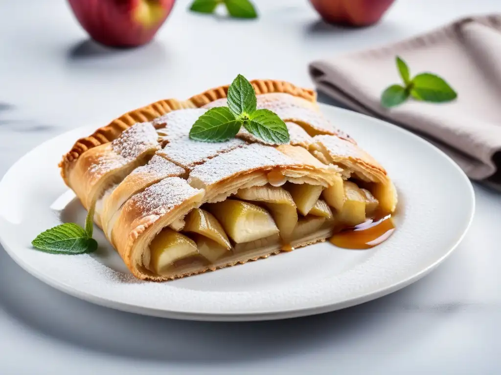 Delicioso Strudel de Manzana Vegano recién horneado, dorado y escamoso, con azúcar glas y hojas de menta, servido en plato blanco minimalista