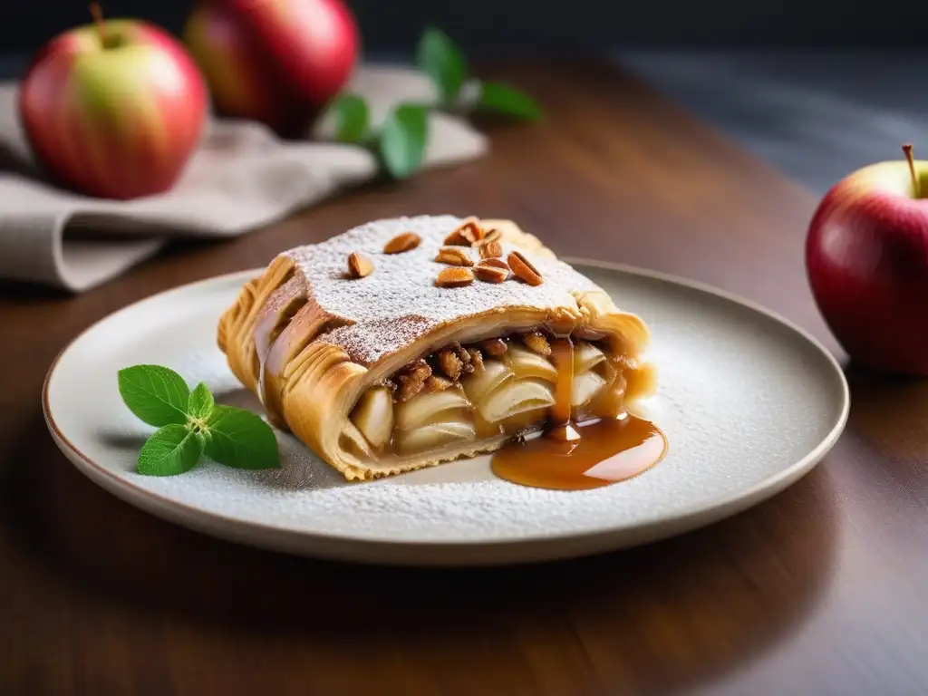 Delicioso strudel de manzana vegano con capas de hojaldre rellenas de manzana especiada, bañado en salsa de caramelo y azúcar glass