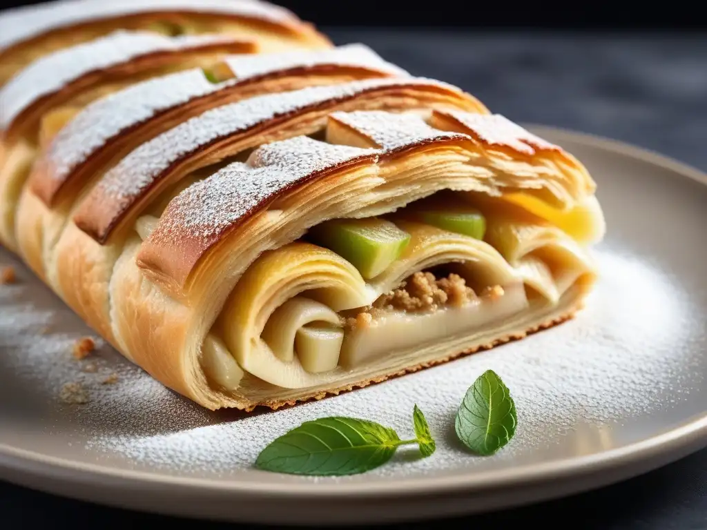 Delicioso strudel de manzana vegano recién horneado, con vapor y azúcar glass