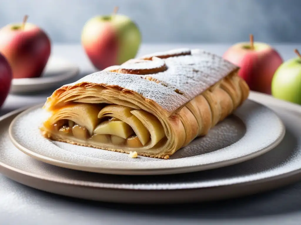 Delicioso strudel vegano de manzana recién horneado con detalles dorados y vapor aromático