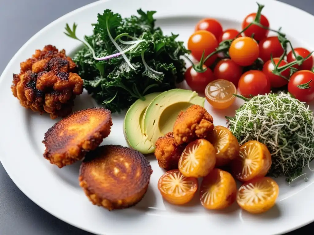 Delicioso surtido de snacks veganos para picar en un plato blanco, con colores y texturas vibrantes