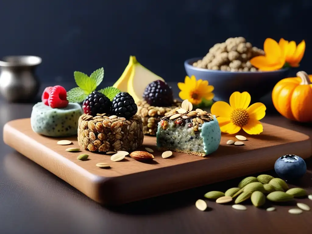 Un delicioso surtido de snacks veganos con semillas energéticas en una presentación artística y colorida