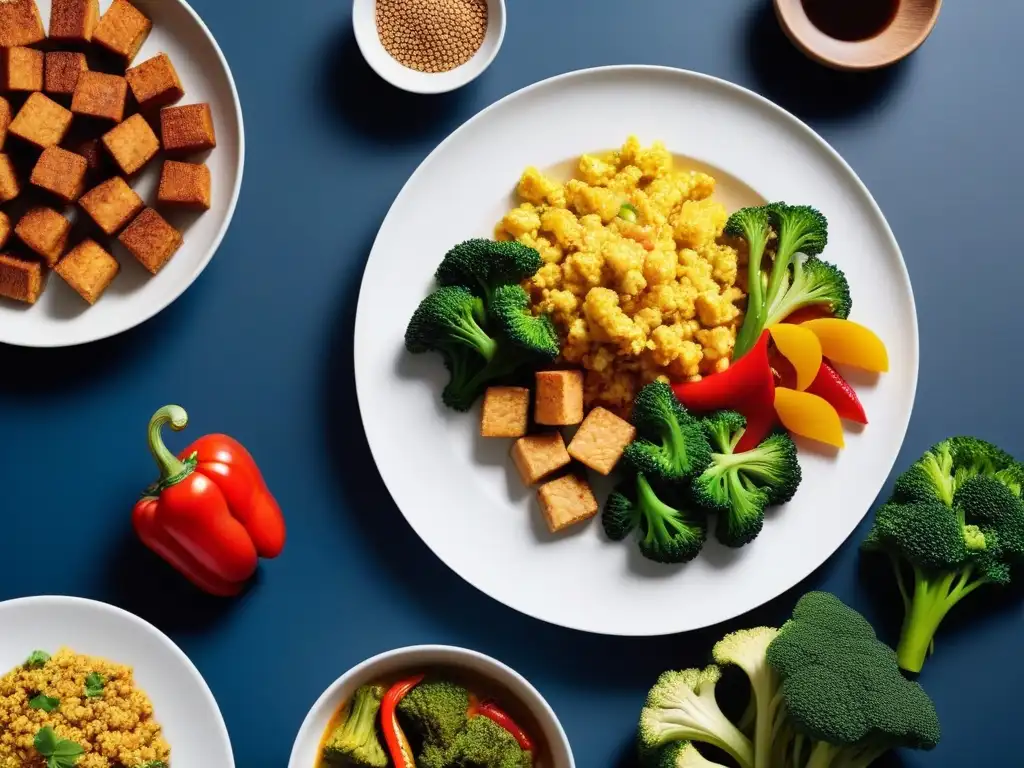 Delicioso surtido vegano de tofu: revuelto, nuggets, salteado y curry, en plato blanco