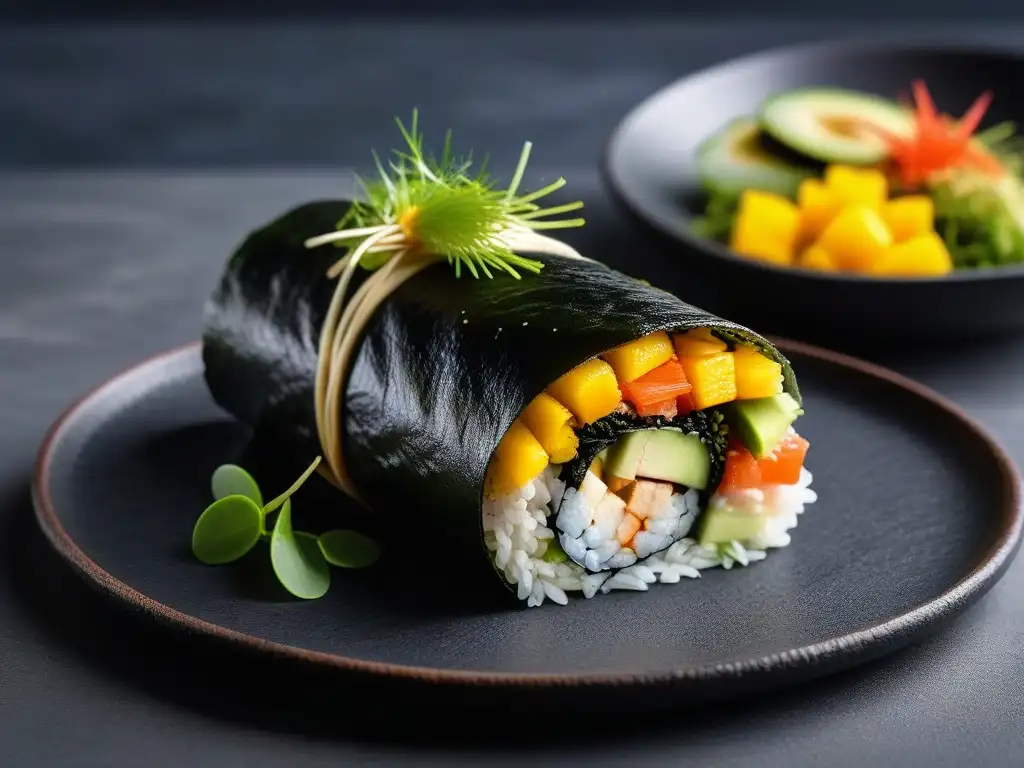 Delicioso sushi burrito vegano con términos cocina vegana moderna