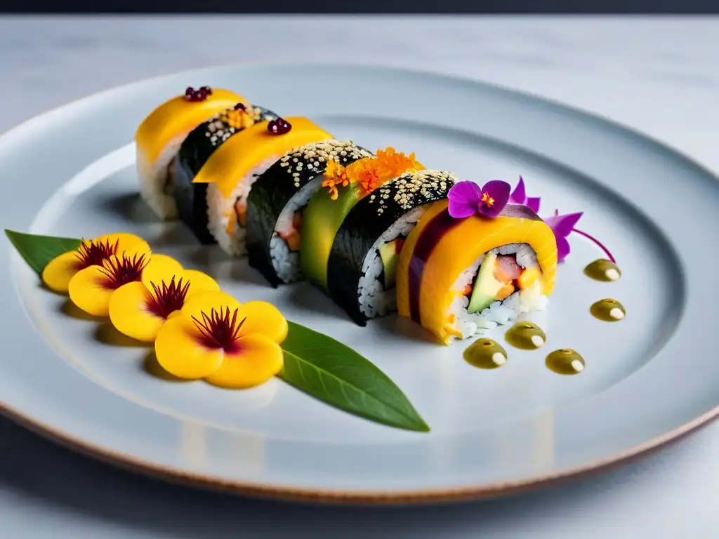 Exquisito sushi vegano: colorido y vibrante con mango y aguacate Delicioso sushi vegano con combinaciones sorprendentes mundo en un plato moderno y colorido