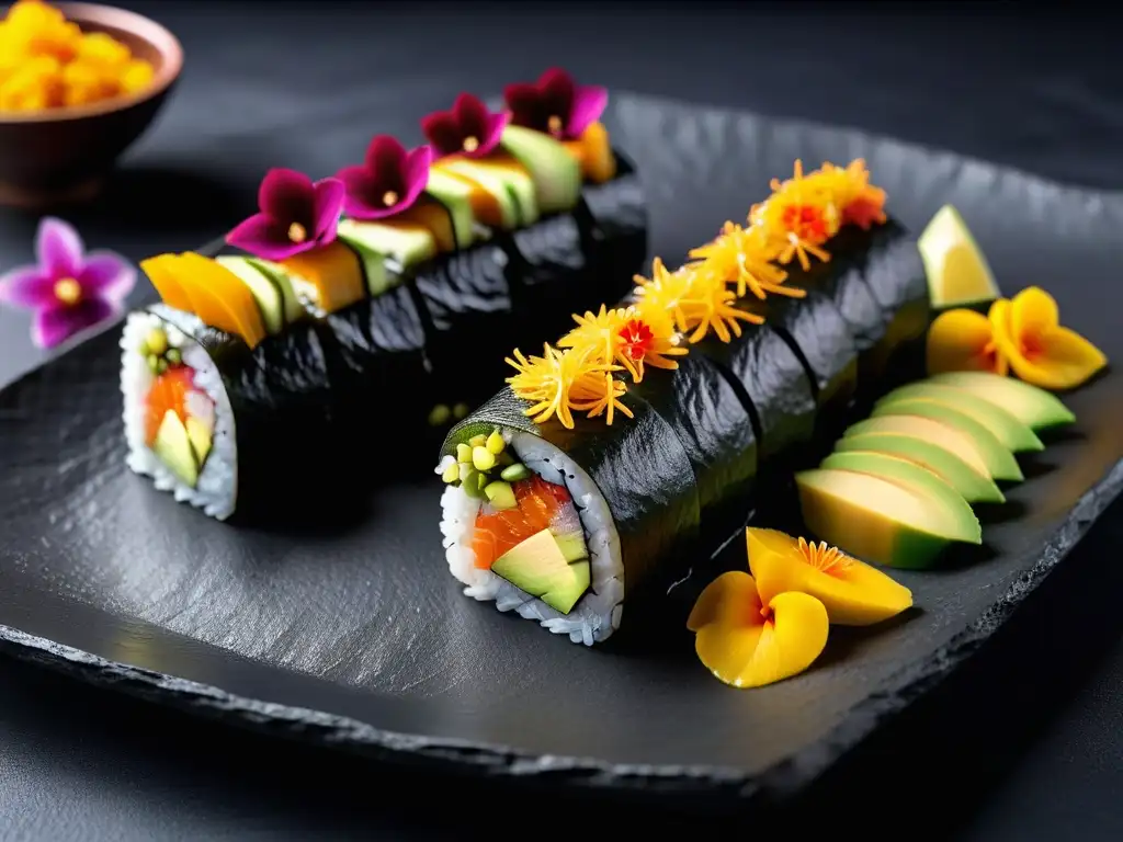 Delicioso sushi vegano exótico de Asia con mango, aguacate y vegetales en un elegante plato de pizarra negro