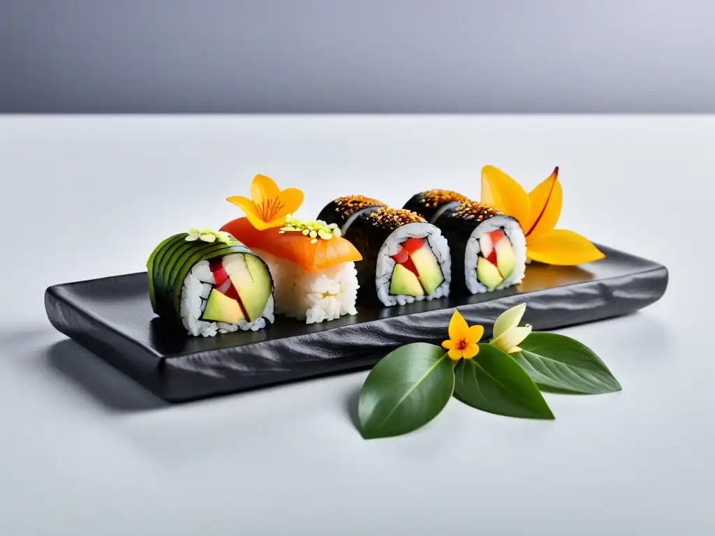 Delicioso sushi vegano fusionado con ingredientes internacionales, decorado con flores comestibles y semillas de sésamo en un elegante plato